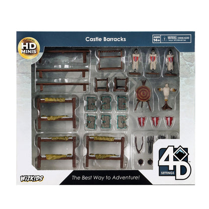 Castle Barracks miniature set featuring bunk beds, soldiers, tables, chests, a target, and training dummy