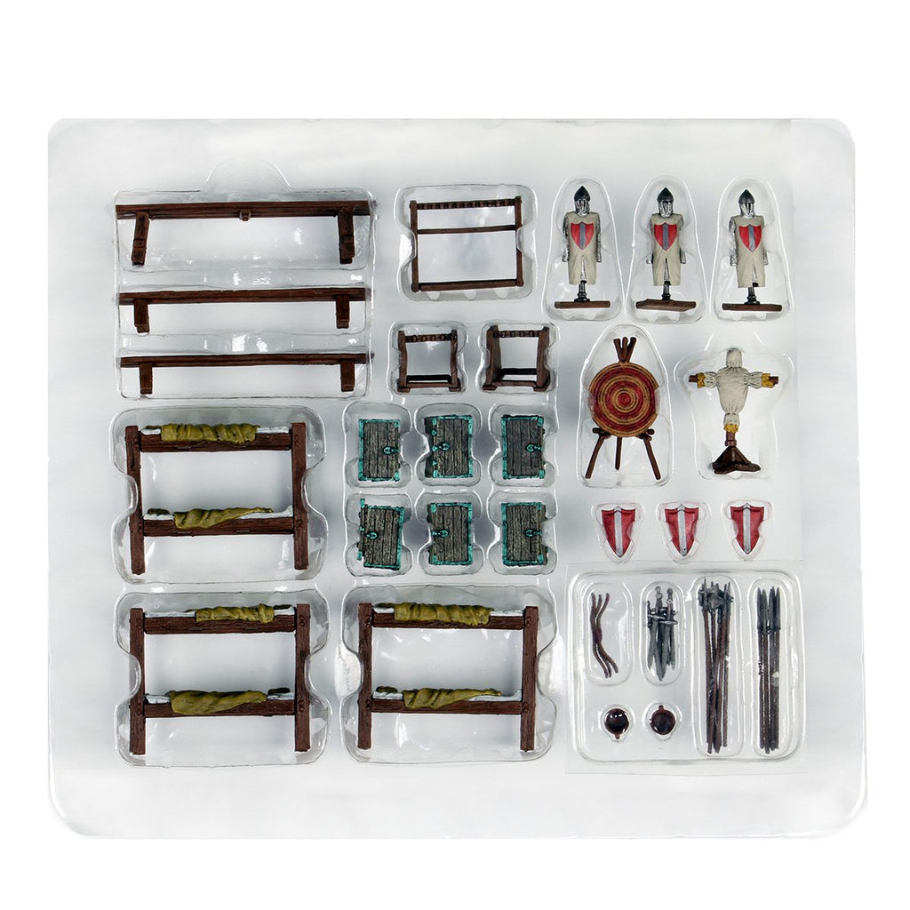 A packaged miniature fantasy barracks/camp set: bunk beds, knight figures, weapons, targets, and doors, in clear plastic