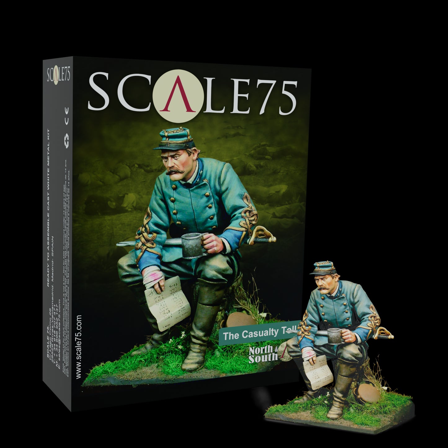 Scale75 model kit box & miniature of a somber Civil War soldier in a blue uniform, seated with a mug & paper.