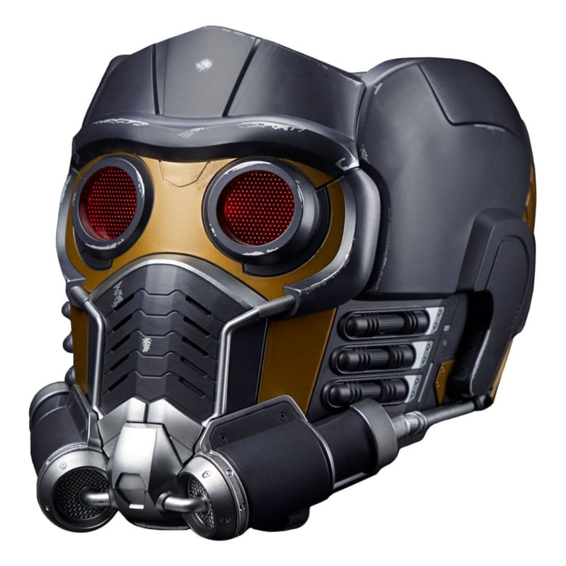 Star-Lord's dark gray and gold helmet with round red eye lenses and a detailed respirator mouthpiece