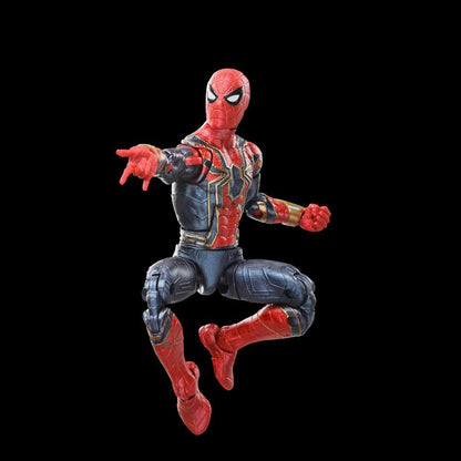 A Spider-Man Iron Spider action figure in a red, blue, and gold suit, posed leaping with one arm extended on a black background