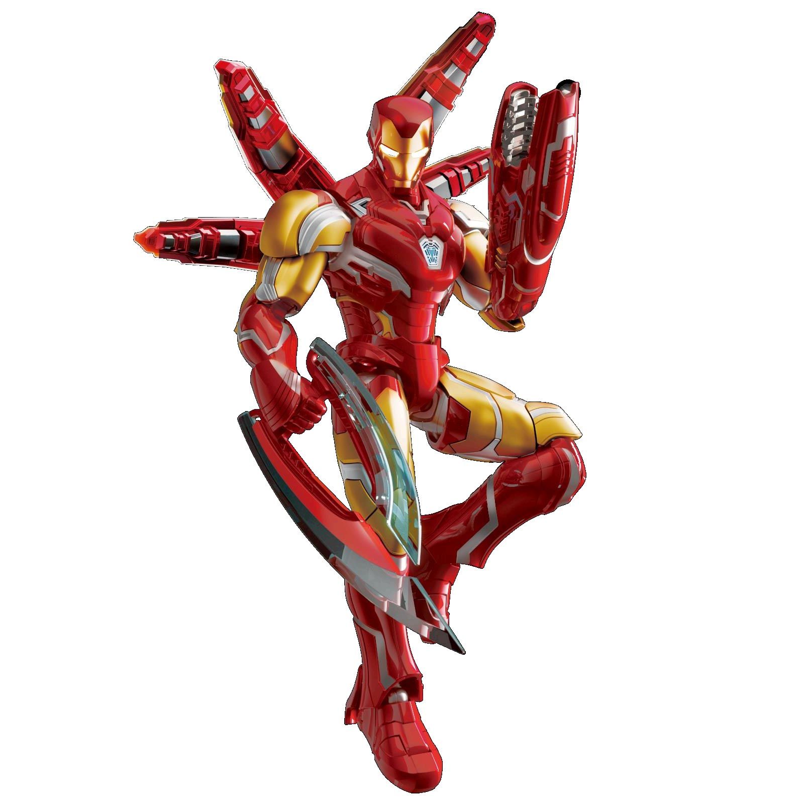 Iron Man in detailed red and gold battle armor, dynamically posed with deployed weapons and a large arm cannon
