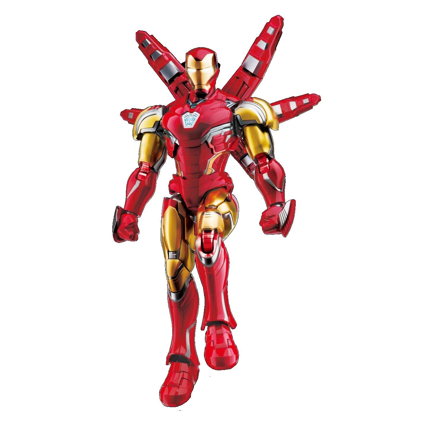 Iron Man in red and gold armor hovering, with four large deployable wings extended from his back