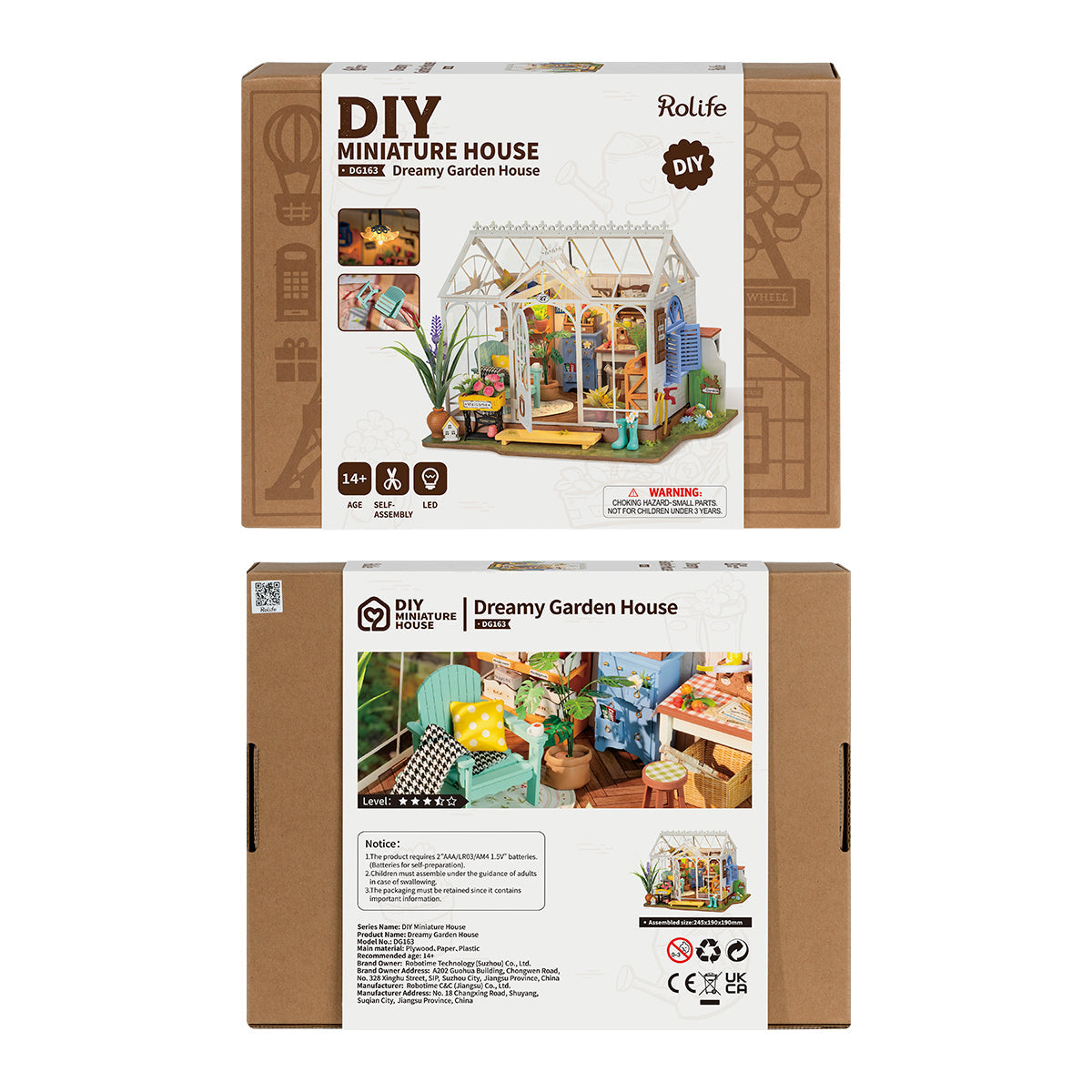 Retail box for the Rolife DIY &quot;Dreamy Garden House&quot; model kit, featuring the completed miniature greenhouse display