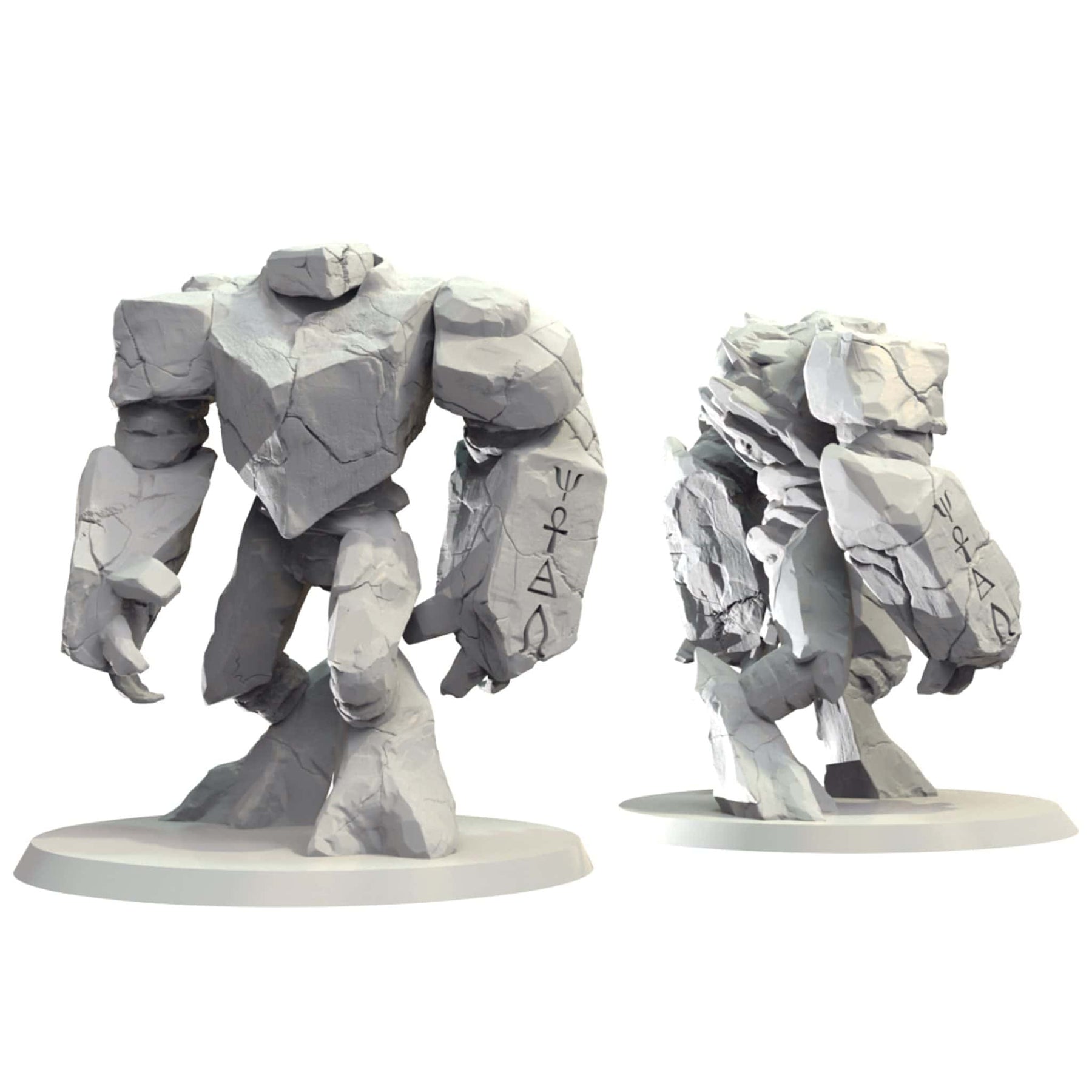 Two grey stone golems, front and side views. The rocky figures stand on white bases, forearms etched with mystical symbols
