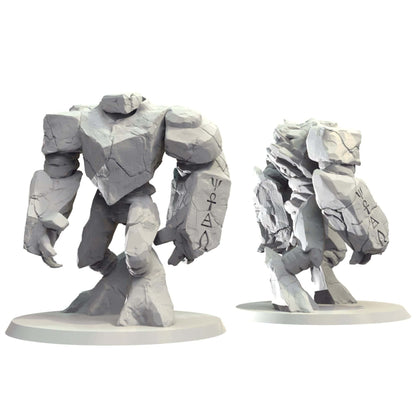 Two grey stone golems, front and side views. The rocky figures stand on white bases, forearms etched with mystical symbols