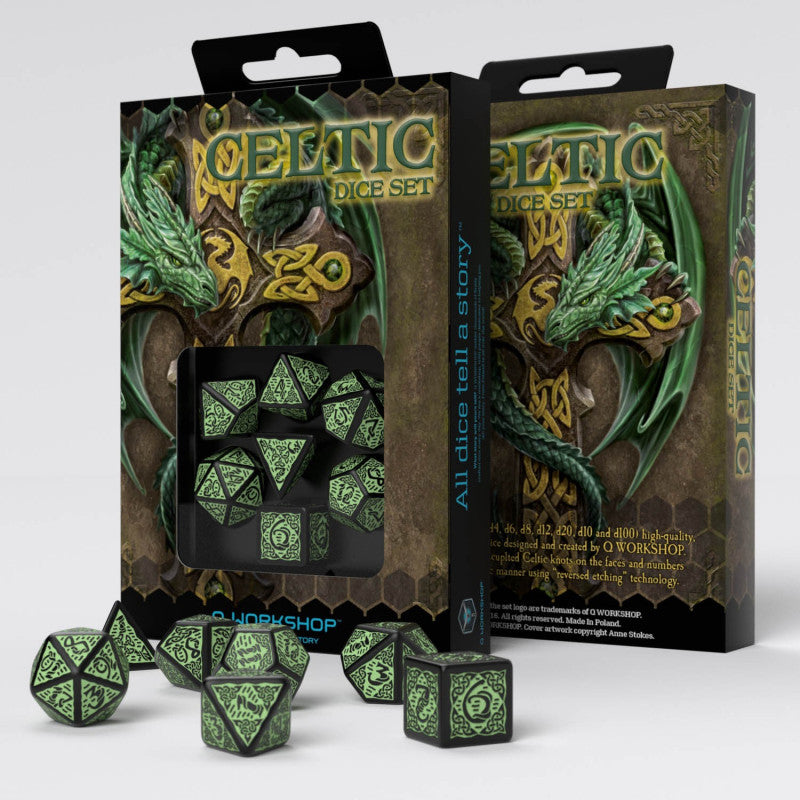 Two Celtic Dice Set boxes showcasing black and green dice with Celtic knot designs, with several dice spilled out in front