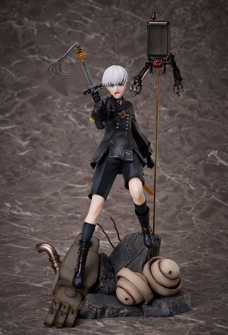 White-haired 9S figure in black uniform, pointing forward with raised sword, his Pod drone floating nearby, atop robot debris
