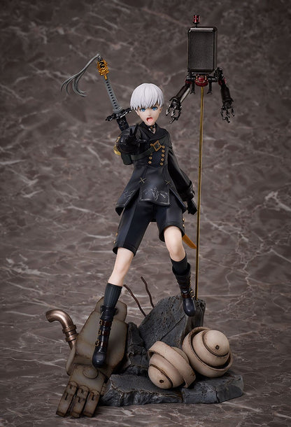 White-haired 9S figure in black uniform, pointing forward with raised sword, his Pod drone floating nearby, atop robot debris