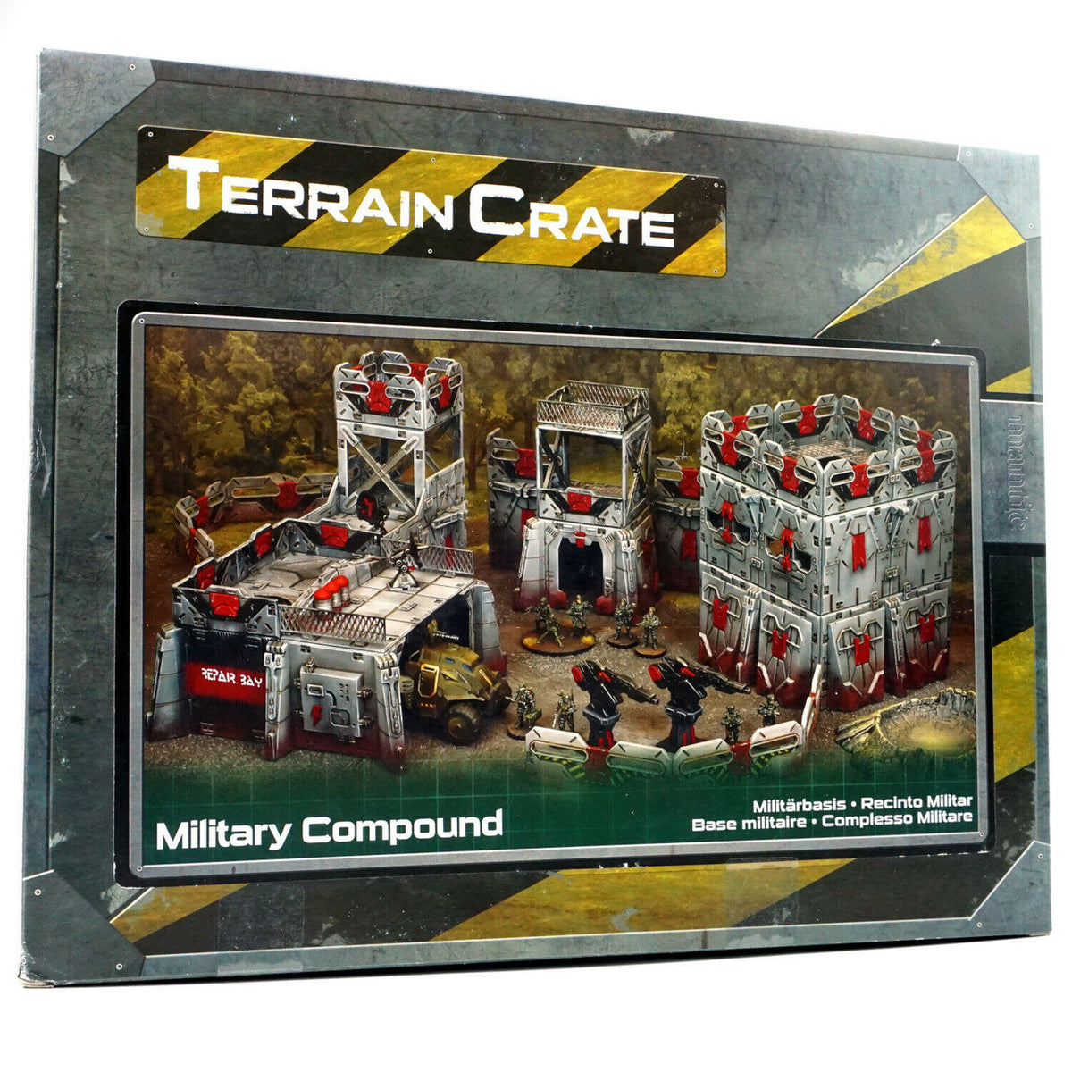 Terrain Crate - Military Compound box, displaying a miniature base with modular buildings, towers, and figures