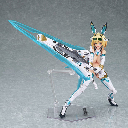 Plamax BP-01 Sophia F Shirring bunny suit planning model kit with large blue futuristic weapon posed on a clear display stand