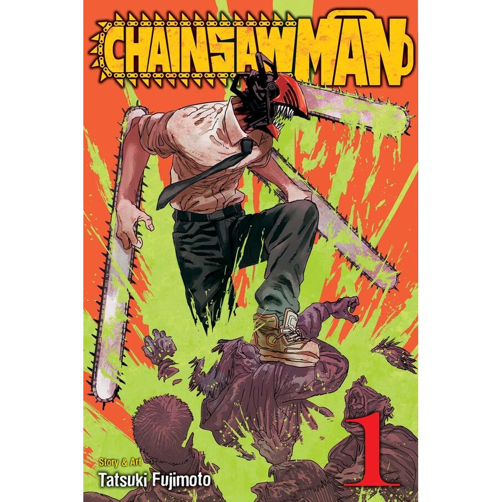 Chainsaw Man, with a chainsaw head and arm blades, stomps on grotesque monsters. Orange background with green splatters