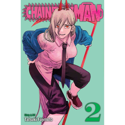 Chainsaw Man Vol 2 cover: Power, a horned woman with sharp teeth and red eyes, lunging with a red weapon