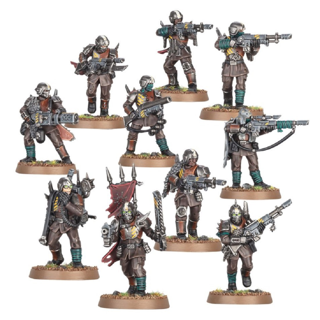 Ten painted sci-fi soldier miniatures (cultists) armed with rifles, heavy weapons, and a banner