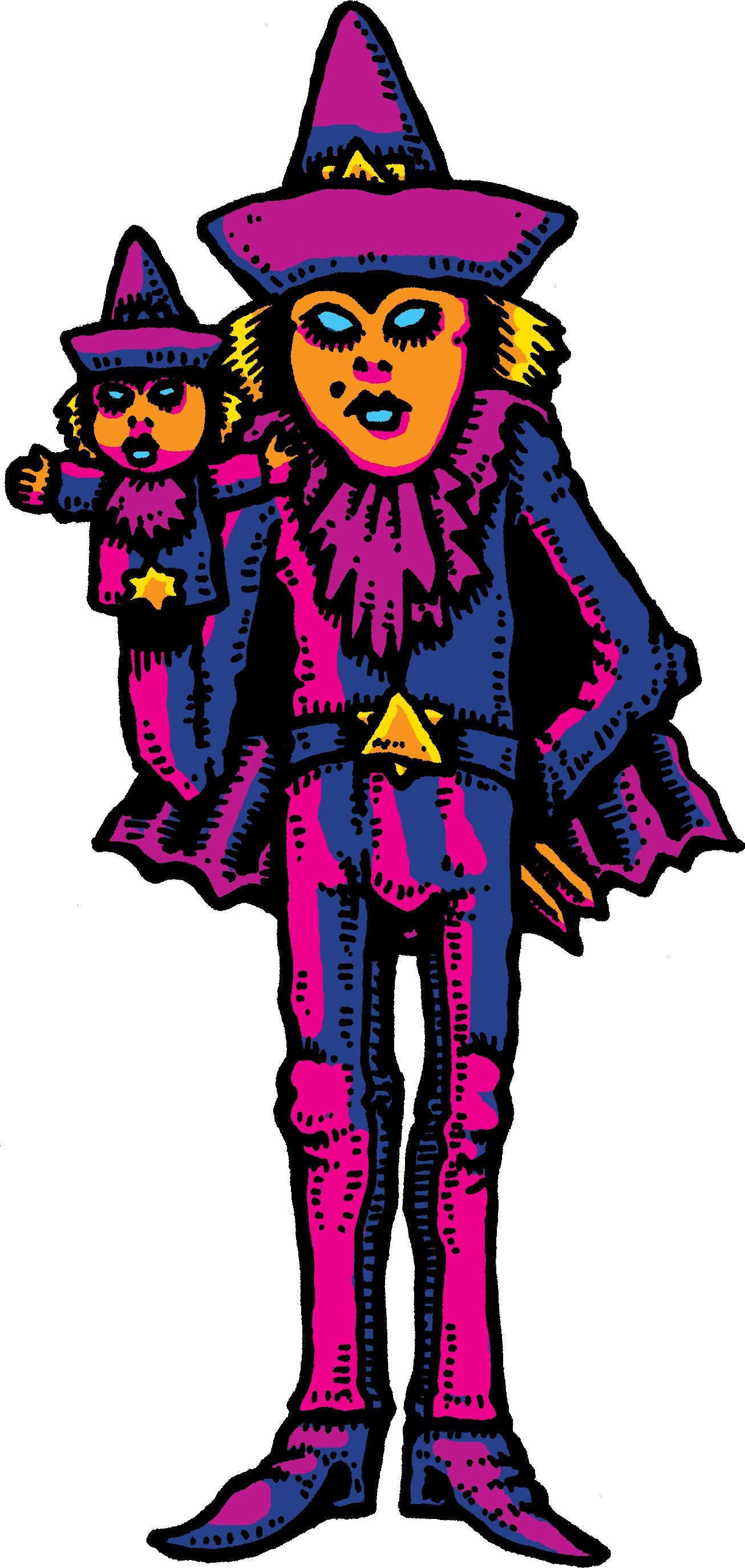Vibrant, stylized illustration of a purple and pink witch-like figure with a pointy hat, holding a smaller, matching doll