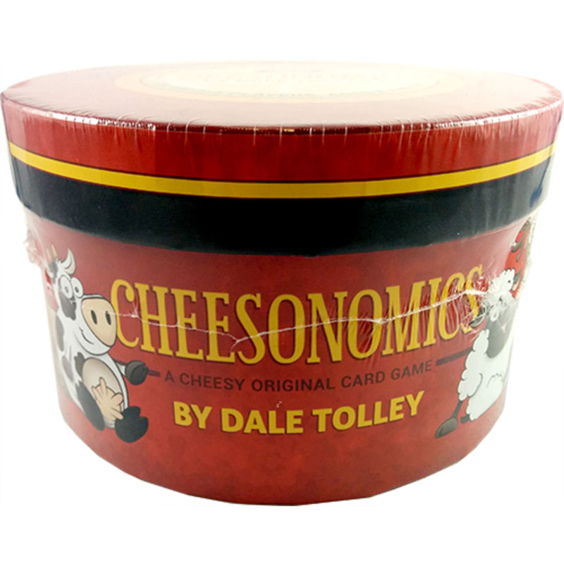 Red and black cylinder tub of Cheesenomics card game by Dale Tolley featuring cartoon cow and sheep characters