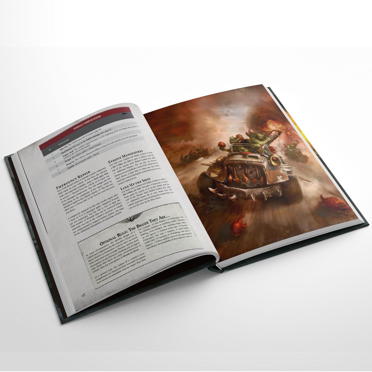 Open book shows vehicle rules text and a vibrant illustration of Orks racing in a crude truck