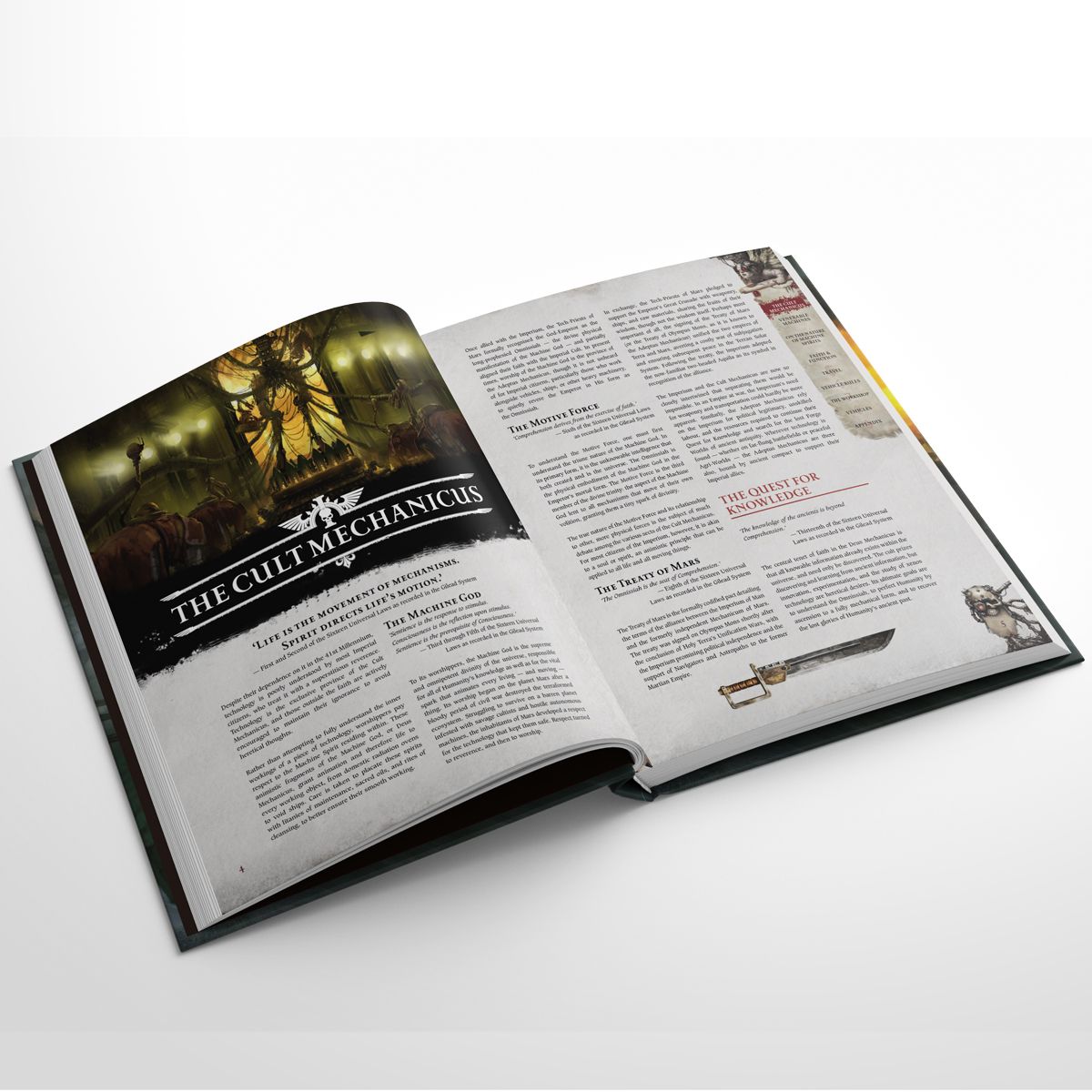 Open hardcover book displaying "The Cult Mechanicus" page with a large illustration and text