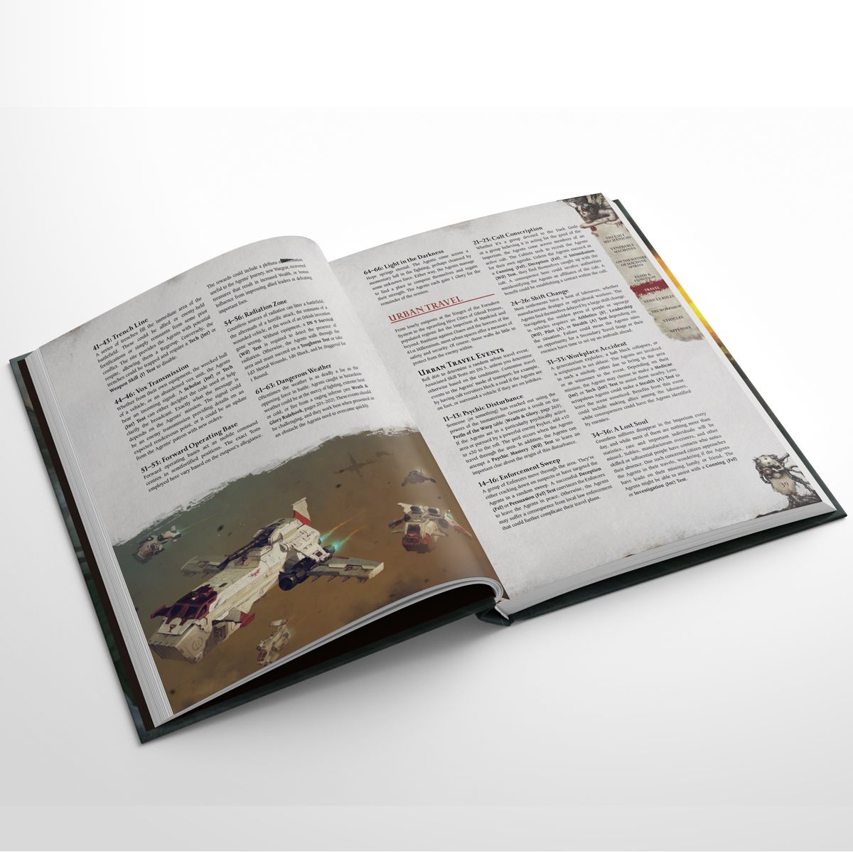 An open rulebook displays futuristic spaceships flying over text about &#39;Urban Travel&#39; game rules