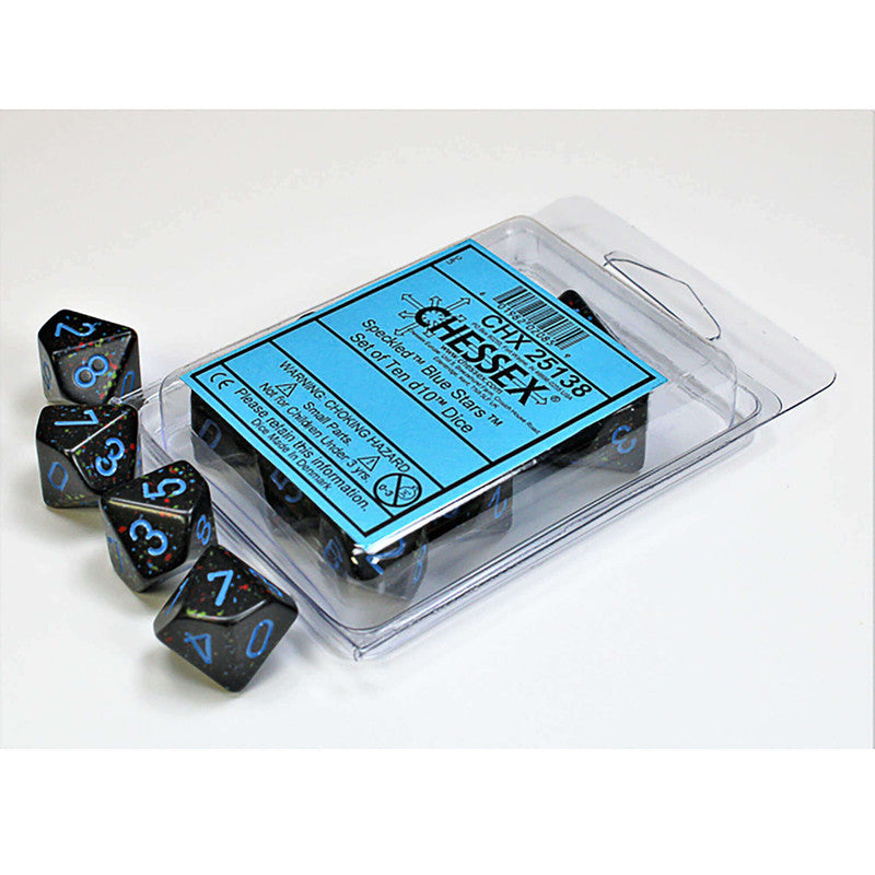 Black speckled d10 dice with blue numbers. Some are in a clear Chessex package, others are out