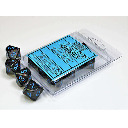 Black speckled d10 dice with blue numbers. Some are in a clear Chessex package, others are out