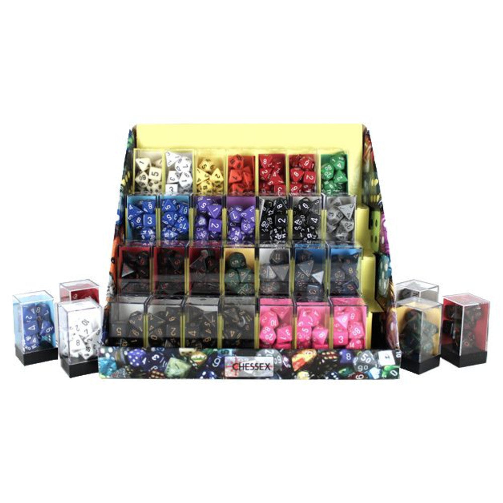 Tiered display stand filled with Colourful Chessex polyhedral dice sets in clear cases.