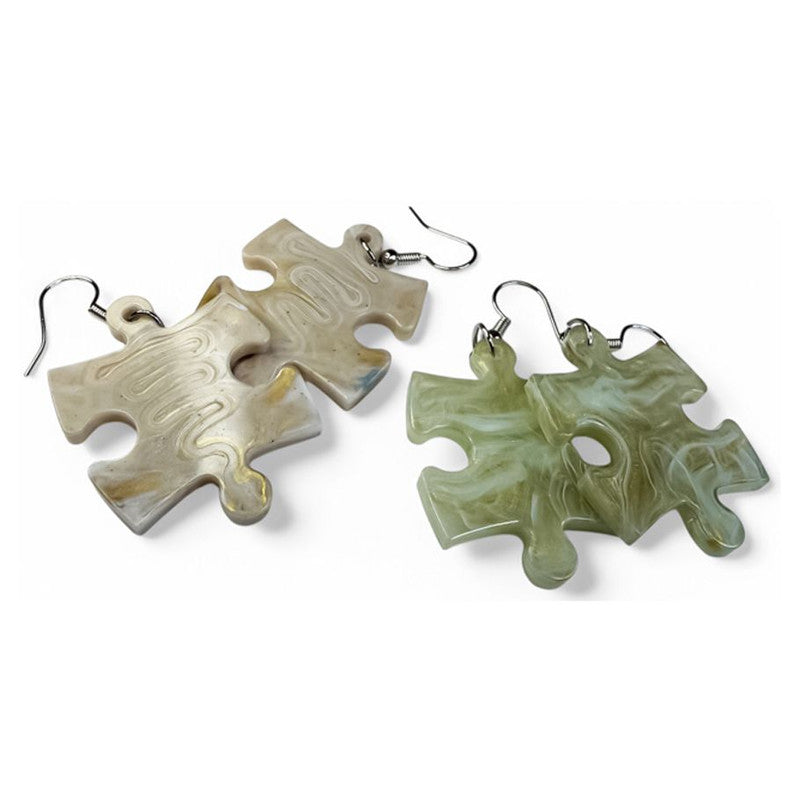 Swirl marbled beige and green resin jigsaw puzzle piece earrings