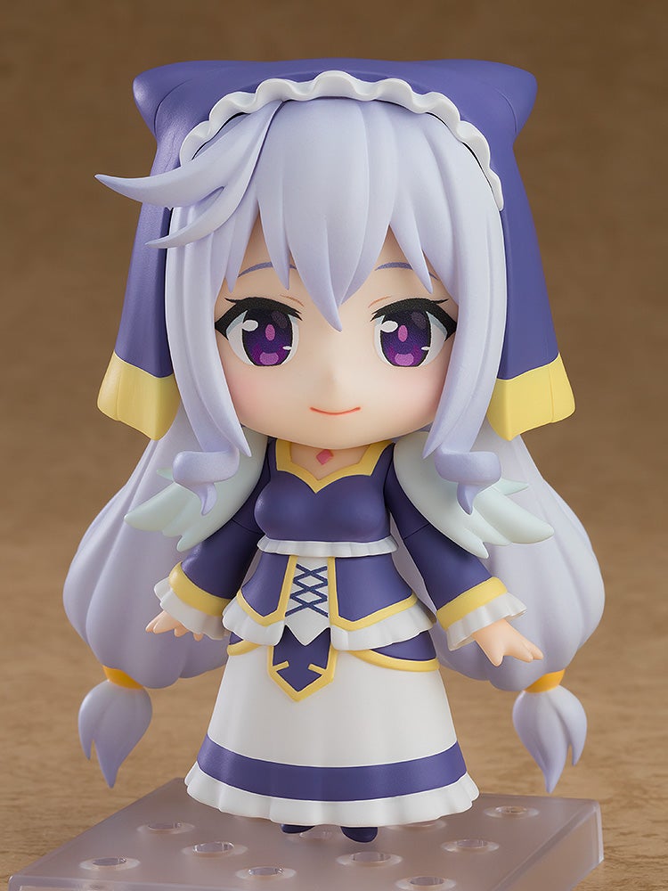 Alternate pose with prayer hands and a small pouch accessory, eyes closed in a calm expression