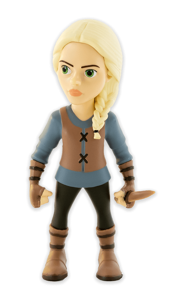 Minix The Witcher Ciri figurine featuring blonde hair braided over her shoulder green eyes brown vest blue shirt and holding a small dagger