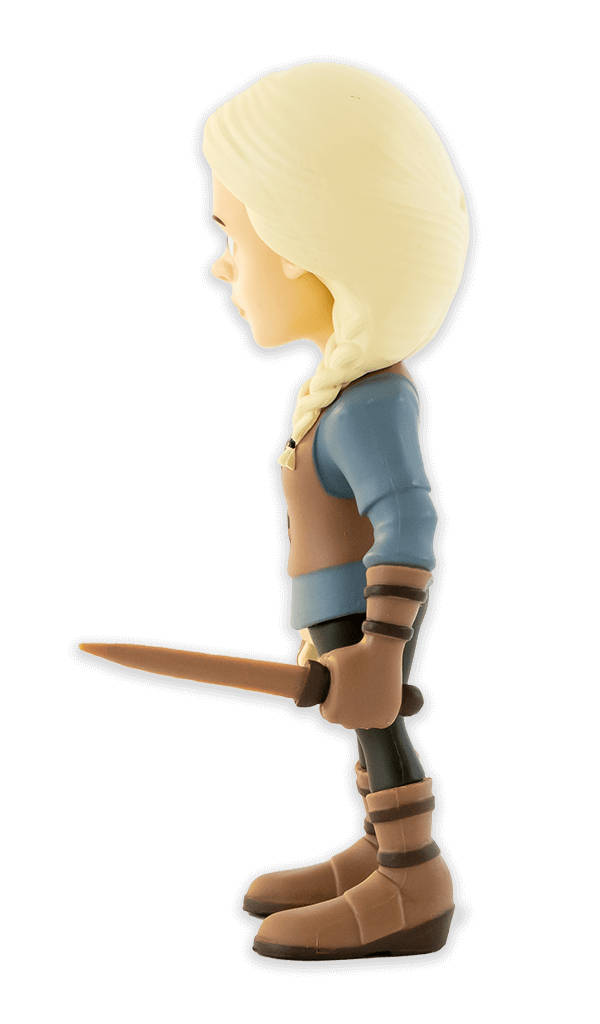 Side view of Minix The Witcher Ciri figurine featuring blonde hair braided over her shoulder green eyes brown vest blue shirt and holding a small dagger