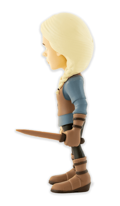 Side view of Minix The Witcher Ciri figurine featuring blonde hair braided over her shoulder green eyes brown vest blue shirt and holding a small dagger
