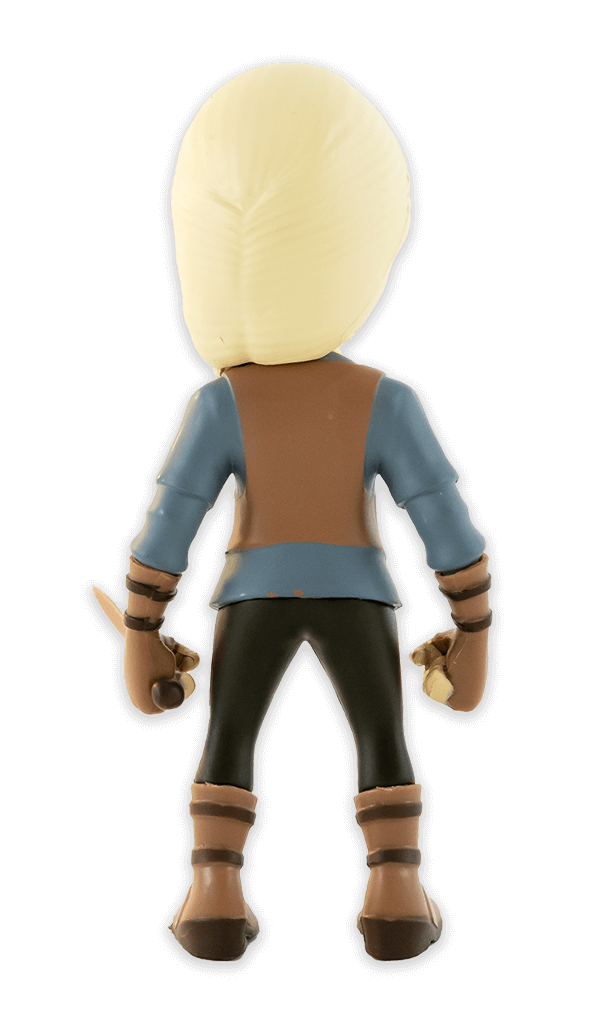 Back view of Minix The Witcher Ciri figurine featuring blonde hair braided over her shoulder green eyes brown vest blue shirt and holding a small dagger