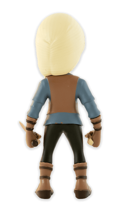 Back view of Minix The Witcher Ciri figurine featuring blonde hair braided over her shoulder green eyes brown vest blue shirt and holding a small dagger