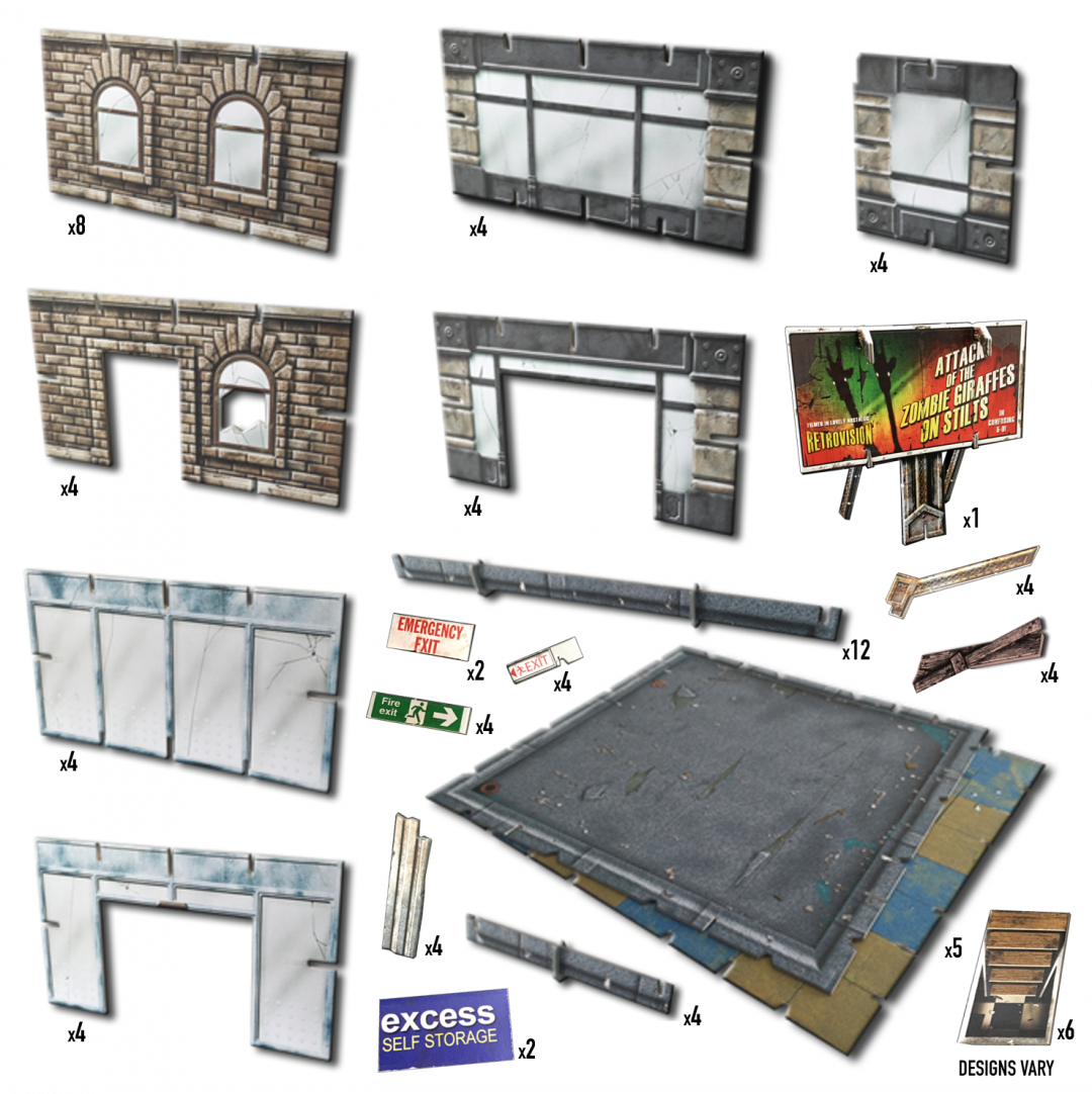 Modular urban terrain game pieces: distressed walls, windows, doors, rooftop, and a &quot;Zombie Giraffes&quot; billboard.