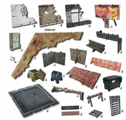 A collection of ruined urban-themed miniature terrain pieces, including walls, fences, a dumpster, and a 'Chug' billboard.
