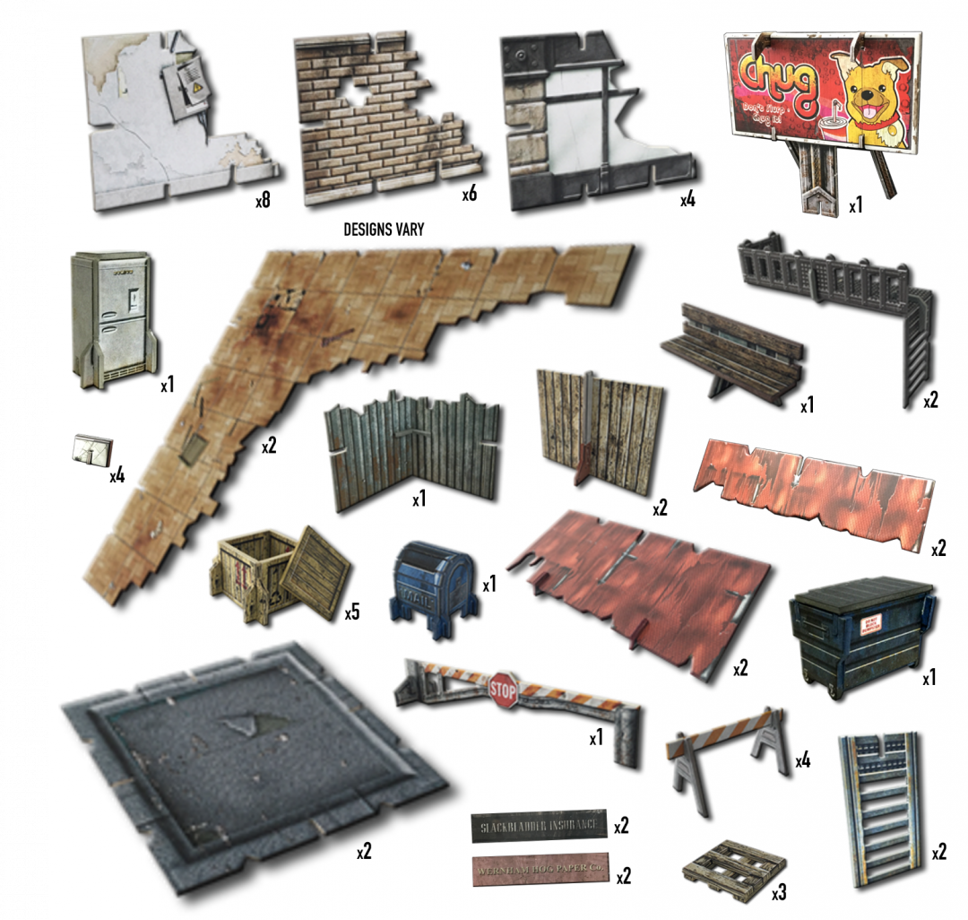 A collection of ruined urban-themed miniature terrain pieces, including walls, fences, a dumpster, and a &#39;Chug&#39; billboard.