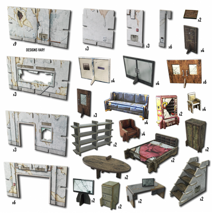 Modular, distressed game terrain pieces: walls, furniture (sofa, bed, desk), doors, and broken objects like a TV.