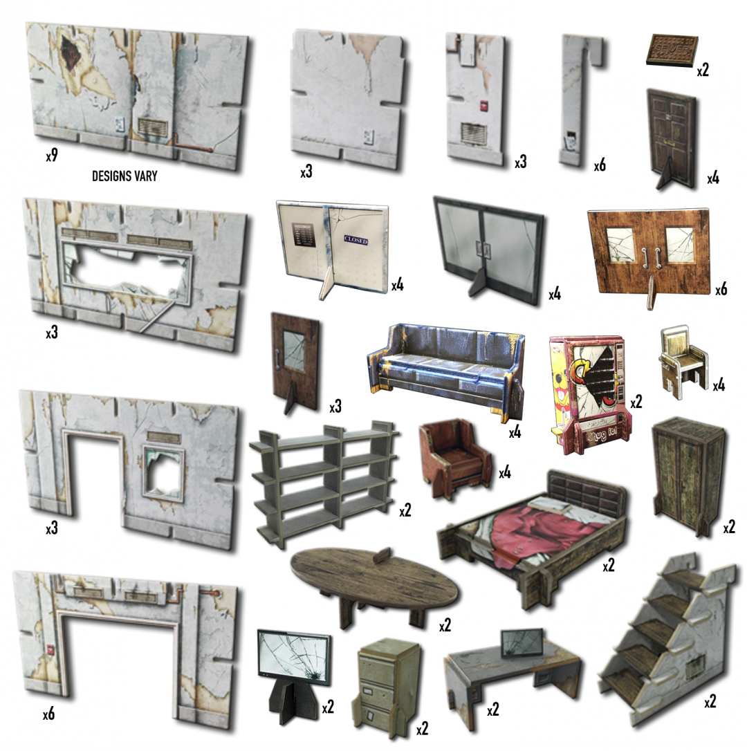 Modular, distressed game terrain pieces: walls, furniture (sofa, bed, desk), doors, and broken objects like a TV.