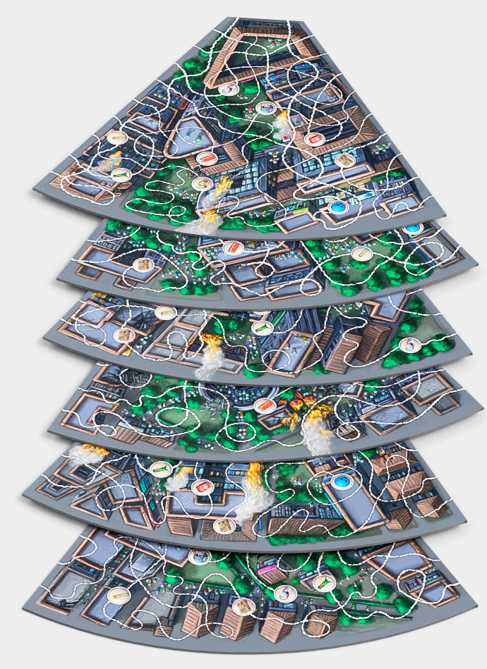 Stacked fan-shaped game boards depicting detailed city landscapes with pathways tokens and visual elements like buildings and trees