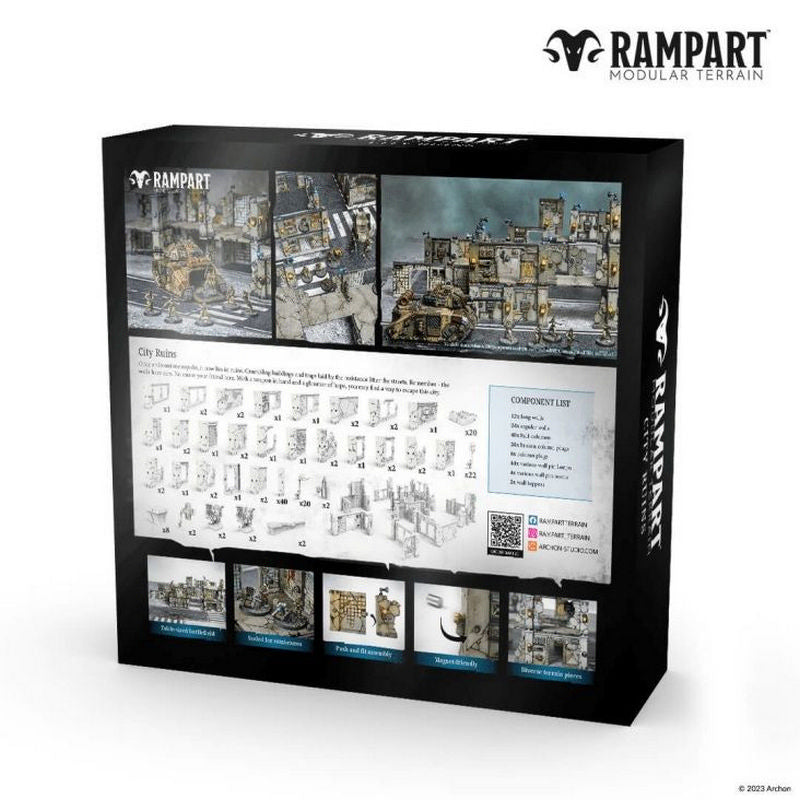 Back of a black box for Rampart Modular Terrain "City Ruins", displaying miniature wargaming terrain, components and text