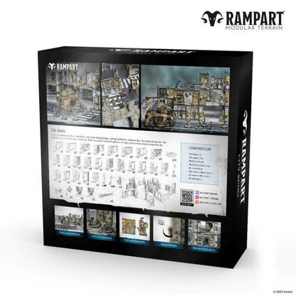 Back of a black box for Rampart Modular Terrain "City Ruins", displaying miniature wargaming terrain, components and text