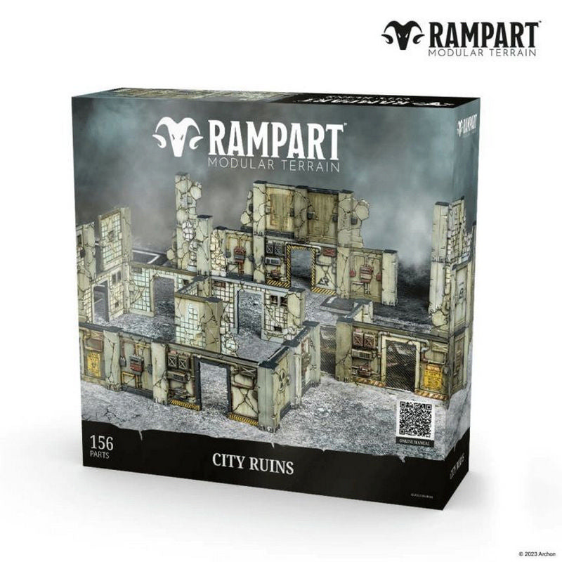 Rampart Modular Terrain 'City Ruins' box, showing assembled gray and brown ruined buildings