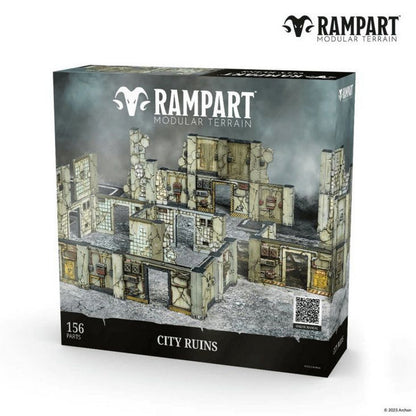 Rampart Modular Terrain 'City Ruins' box, showing assembled gray and brown ruined buildings