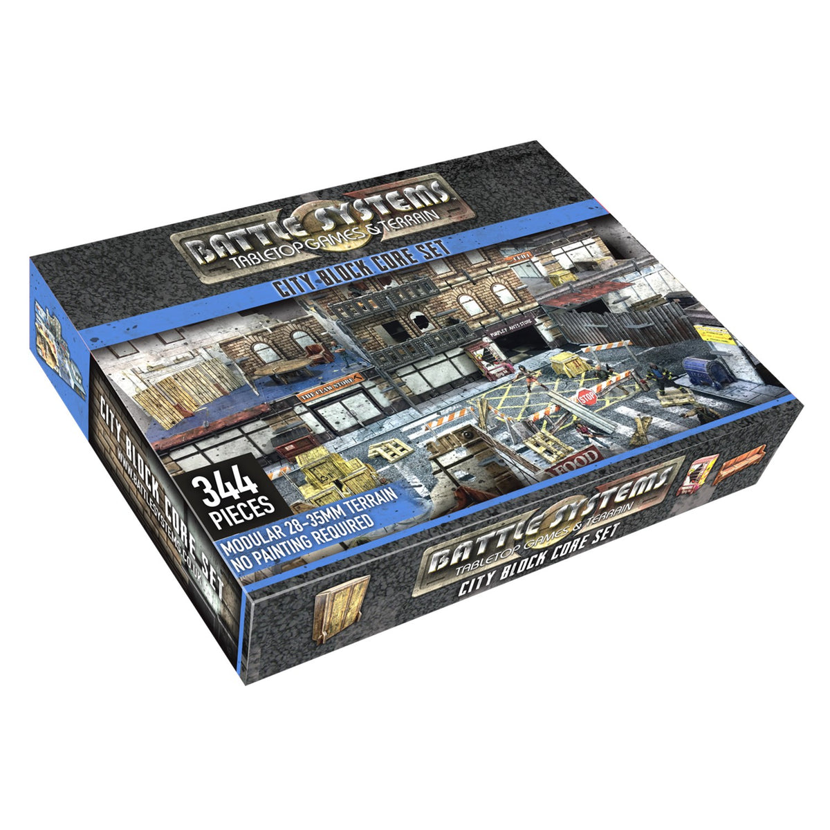 A box for Battle Systems City-Block Core Set tabletop terrain, showing a detailed cityscape scene.