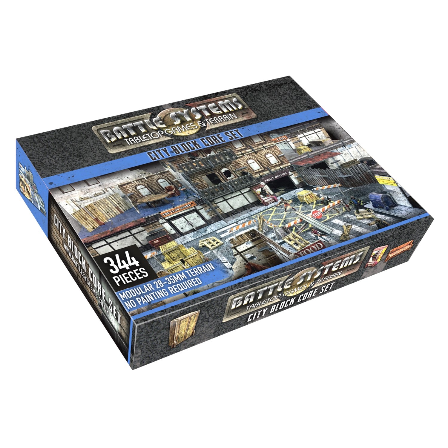 A box for Battle Systems City-Block Core Set tabletop terrain, showing a detailed cityscape scene.