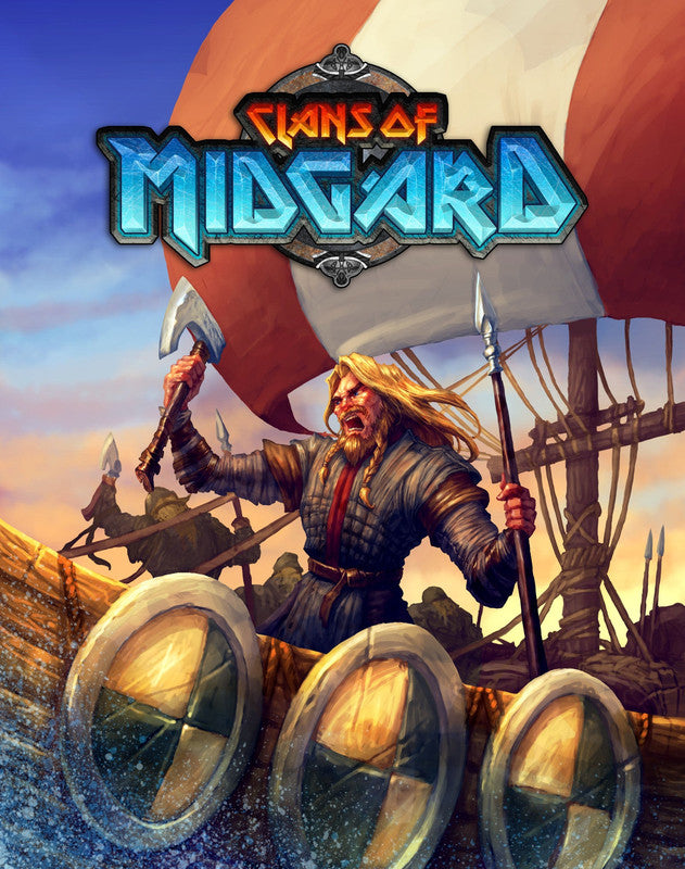 Dynamic artwork for Clans of Midgard board game featuring Viking warriors in a longship on stormy seas