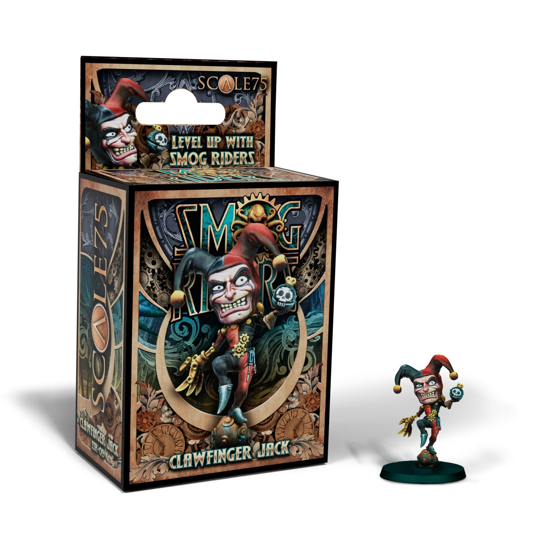 Grinning jester miniature (Clawfinger Jack) holding a skull bomb next to its Scale75 retail box featuring the same character.