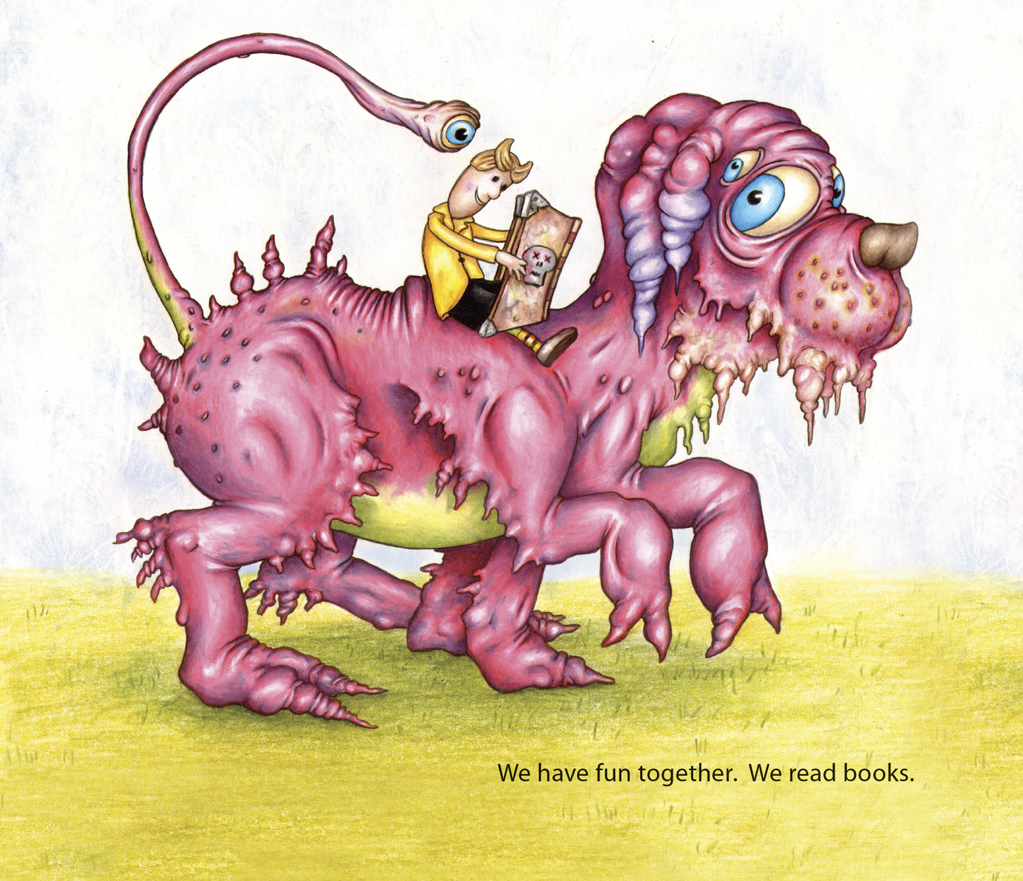 A boy rides a large, pink, lumpy creature with many eyes and spikes, engrossed in a skull-covered book