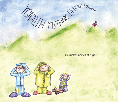 Three sleepy people in pajamas cover their ears, annoyed by a red creature on a hill making strange noises