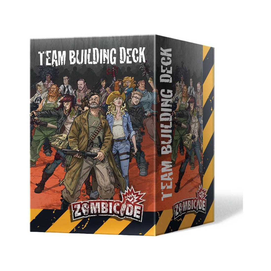 Zombicide Team Building Deck box features diverse armed survivors on its cover, ready for action